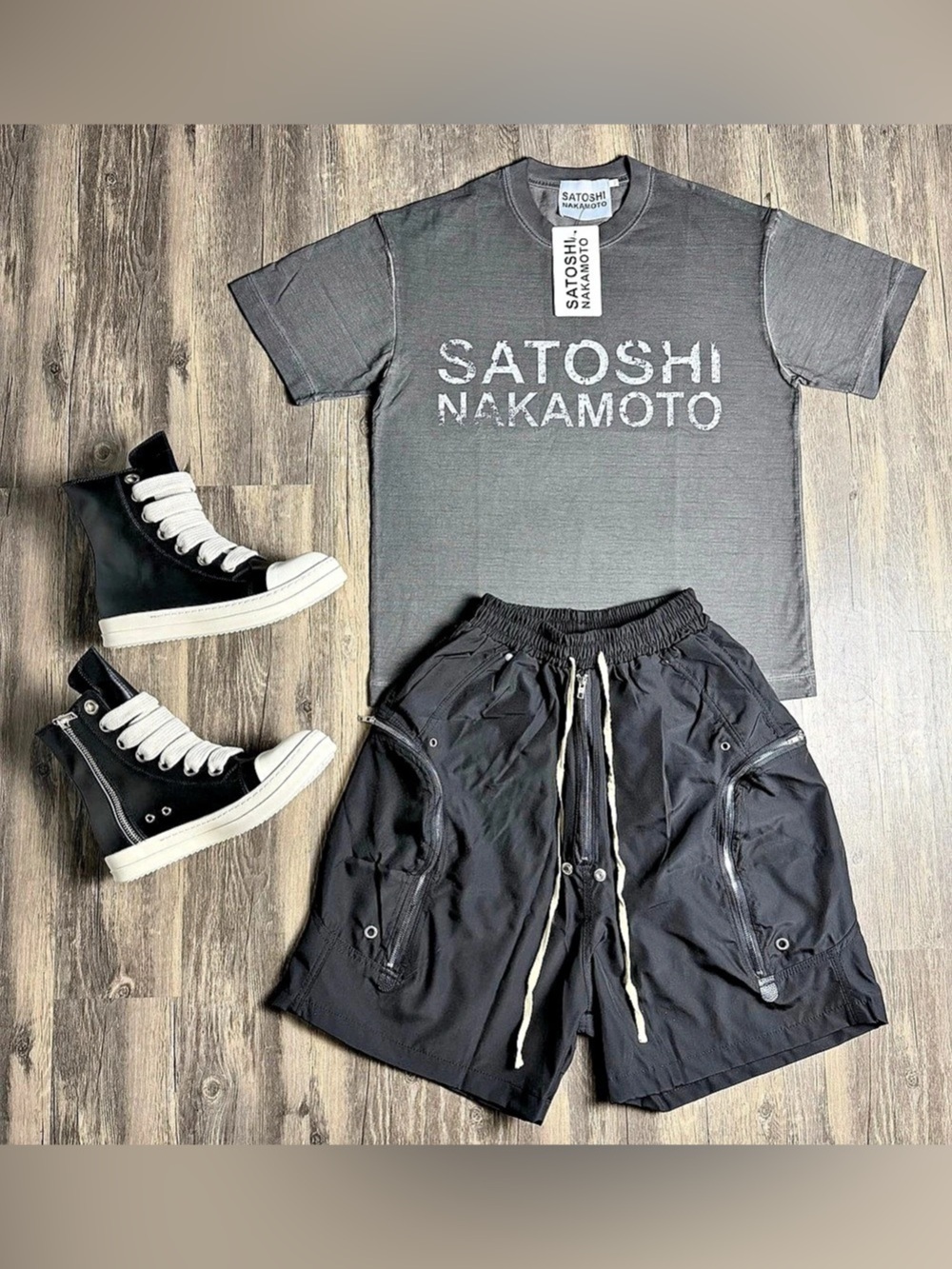 Satoshi Nakamoto T-Shirt & Rick Owen’s Cargo Shorts, Rick Owen’s Shoes